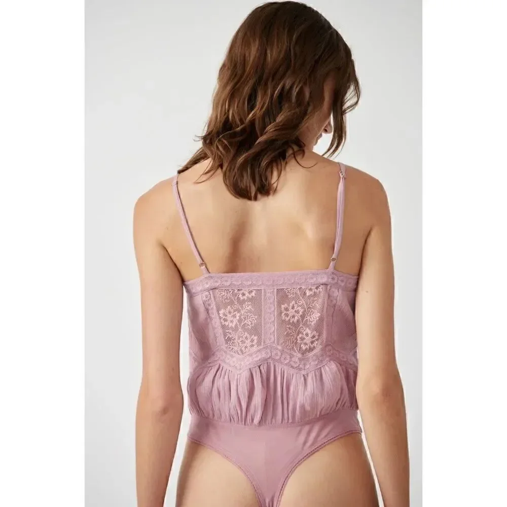 NWT Free People Still the One Lace Trim Cotton Bodysuit in La Fleur, Size XS